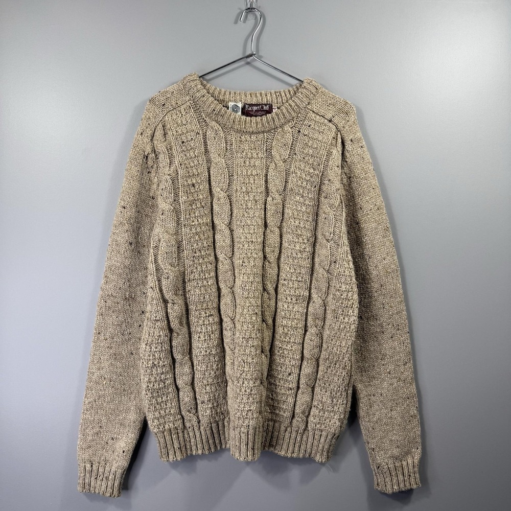 Racquet Club Sweater Mens XL Beige 100% Pure Wool Fisherman Cable Knit Ireland